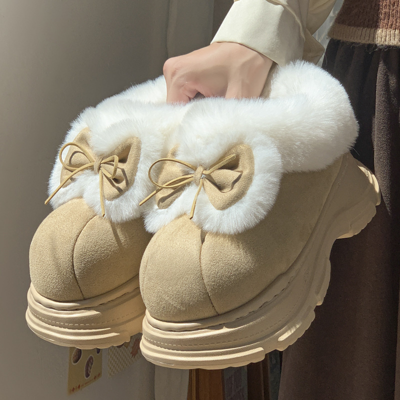 Soft Sole Booties - 暖かいフェイクファーふわふわスリッパ レディース 冬用プラットフォームシューズ ソフトプラッシュ厚底キュートなリボン付きガールズ室内ストリートスノーブーツ