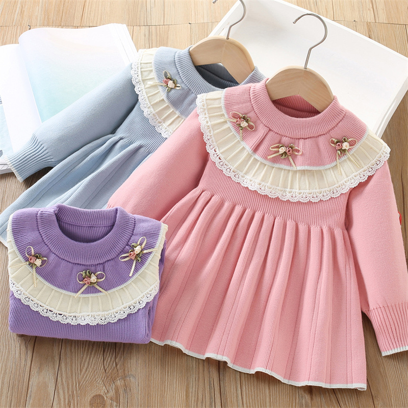 Baby Clothing Jumpers - 女の赤ちゃんニットドレス子供秋花セーターガウン子供冬暖かい Vestidos 幼児レースジャンパーカジュアル服