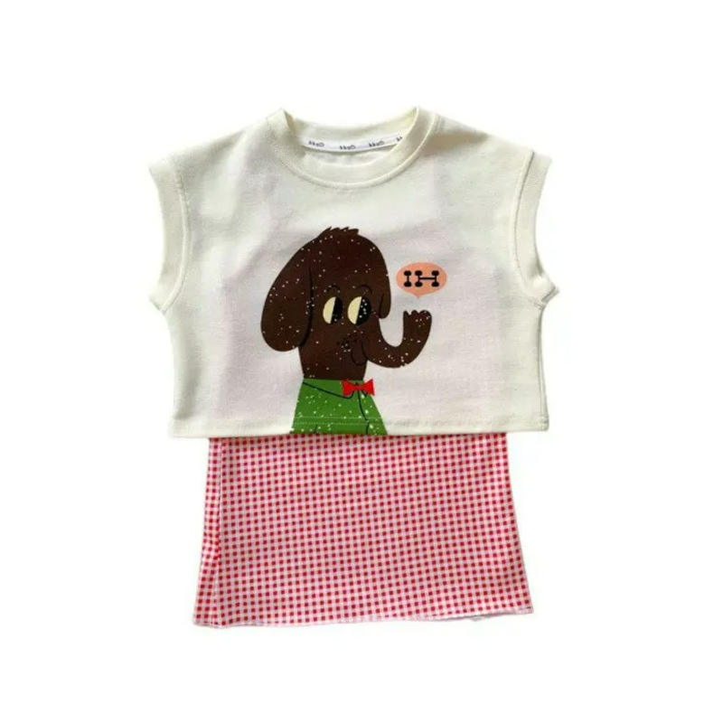 Baby Clothing Elephant - 2025年夏新作 ベビーガールズスーツ 漫画可愛いゾウベスト+おしゃれチェック柄スリップドレス カジュアル子供服セット