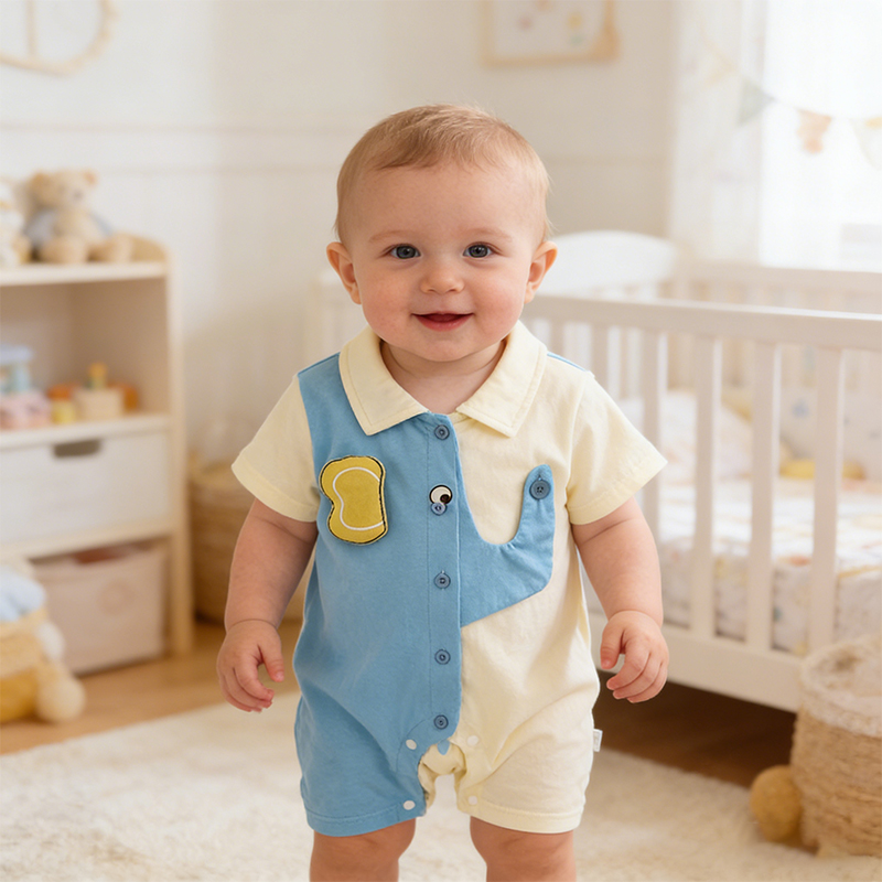 Baby Clothing Elephant - 夏用ベビーロンパース 男の子用半袖ロンパース 3-18ヶ月の赤ちゃん用 かわいい象柄ラペルカーディガンジャンプスーツ