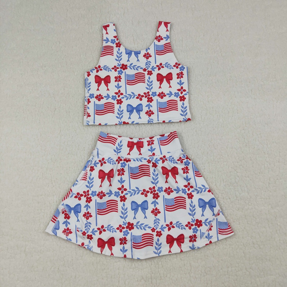 Baby Clothing Wholesale - 卸売幼児用旗柄ボウシャツスカートショーツキッズスコートセットアスレチックウェアベビーガールヨガアクティブ独立記念日服