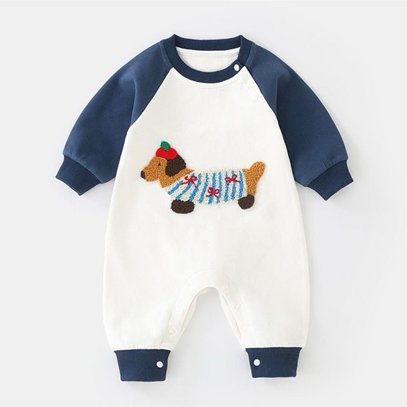 Baby Clothing Logo - ユニセックスベビーワンピースロンパース服 春/秋用 男の子 女の子 かわいい刺繍入り犬ロゴ 長袖ジャンプスーツ
