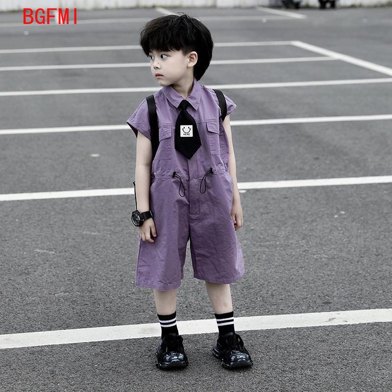 Baby Clothing For Boys - キッズサマーショーツオーバーオールカプリボーイズパープルパンツとネクタイ服男の子ベビージャンプスーツ1-10Y半袖子供服