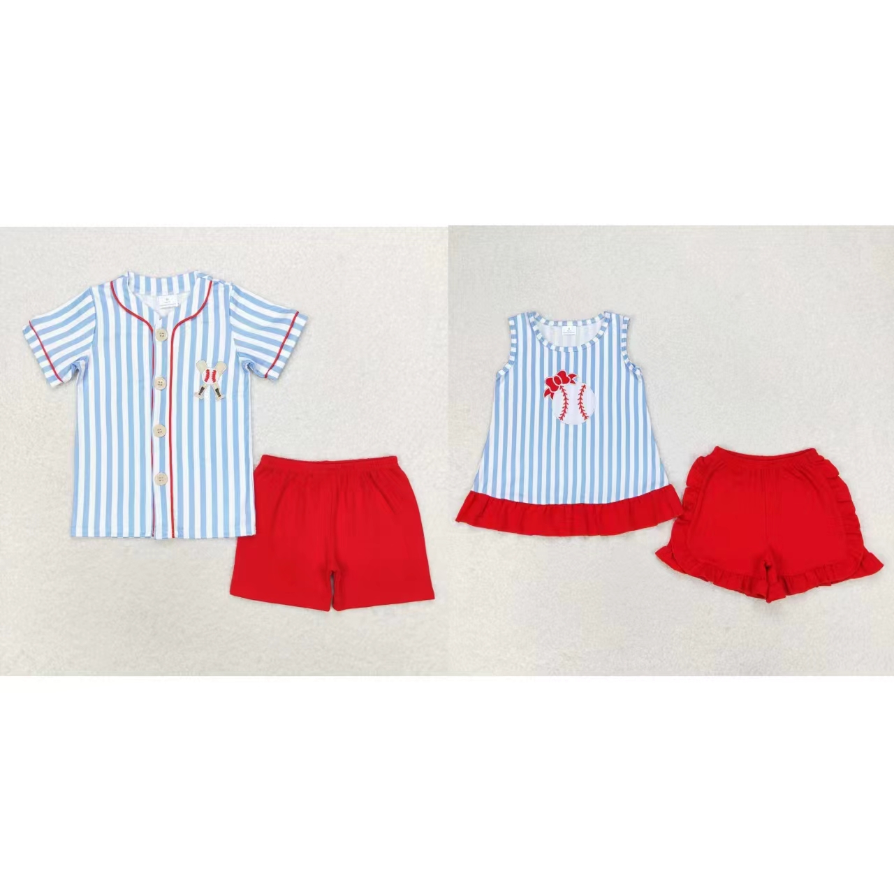 Baby Clothing Wholesale - 子供用の青いトップスとショーツのセット,男の子と女の子の衣装,野球服,綿,卸売,夏,2個