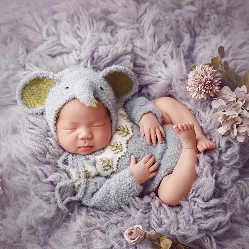 Baby Clothing Elephant - 新生児写真撮影小道具かわいい象の背景衣類セットギリシャウールブランケットラップ花テーマセットスタジオ写真撮影用
