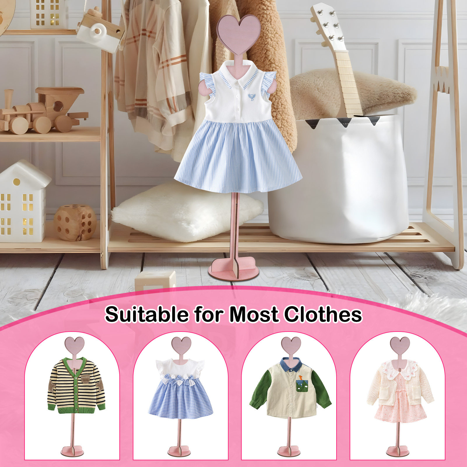 Baby Shop Clothing - 木製ベビー服ディスプレイスタンド（保育園・子供部屋用）- ミニマリストでナチュラルな子供服ラック、滑り止めデザインで簡単設置