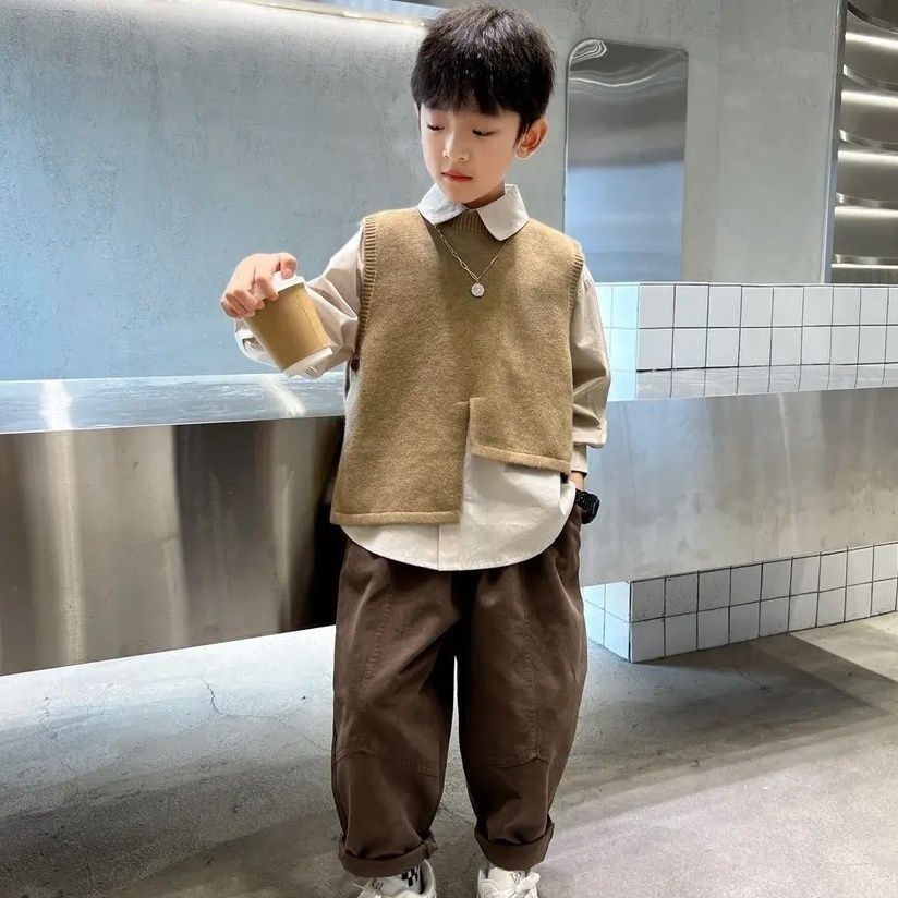 Baby Clothing Korea - 3点セット 春秋 男の子服セット カジュアルニットベスト+トップス+パンツ キッズ 子供