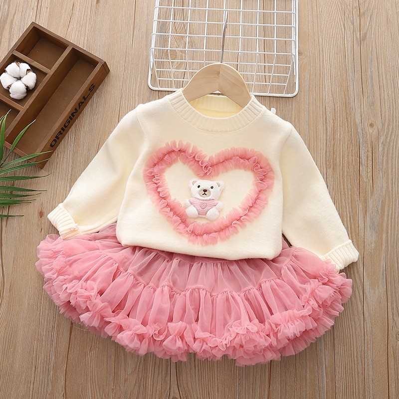 Baby Clothing Jumpers - 女の赤ちゃんのクマの愛のジャンパーとふわふわのスカートのセット,子供服,新しいファッション,秋冬,2個