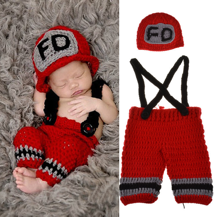 Baby Clothing For Boys - 手作りかぎ針編み新生児男の子写真撮影服消防士消防士コスチュームデザイン0-3ヶ月赤黄色
