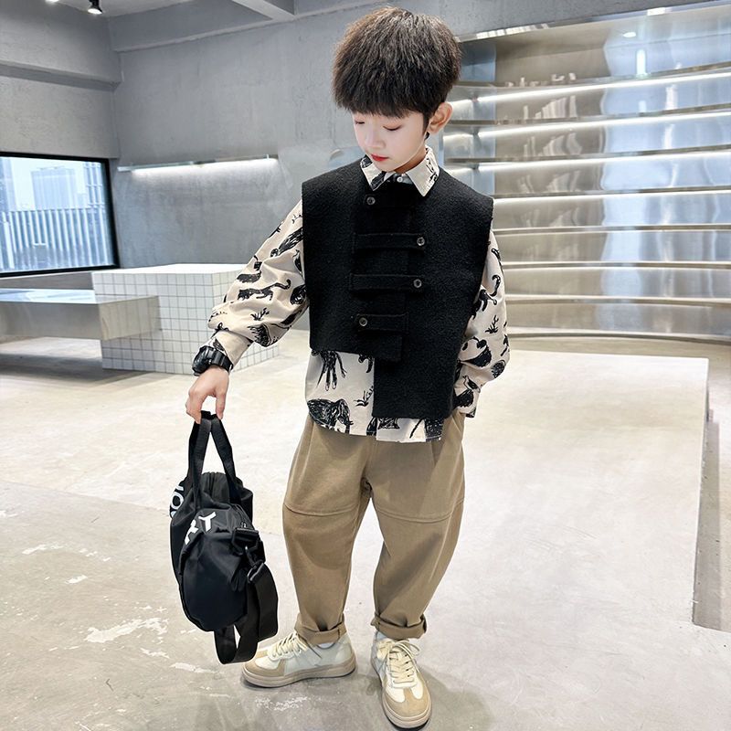 Baby Clothing Korea - 3点セット 春秋 男の子服セット カジュアルベスト+シャツ+パンツ キッズ 子供