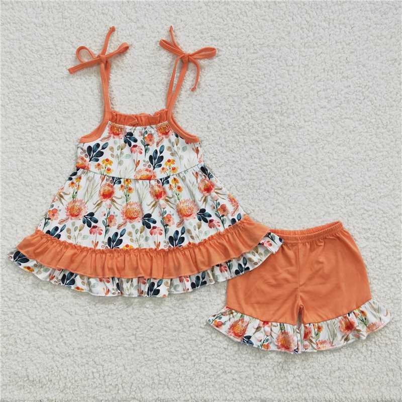 Baby Clothing Wholesale - z95-04 GSSO0194 卸売子供服女の子夏服オレンジの花サスペンダーショーツセットブティック女の赤ちゃん服