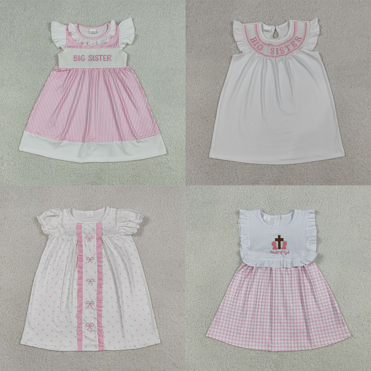 Baby Clothing Wholesale - おしゃれで快適なベビー服、スモック加工の姉妹服、フリル袖のピンクストライプ膝丈ワンピース、幼児服卸売