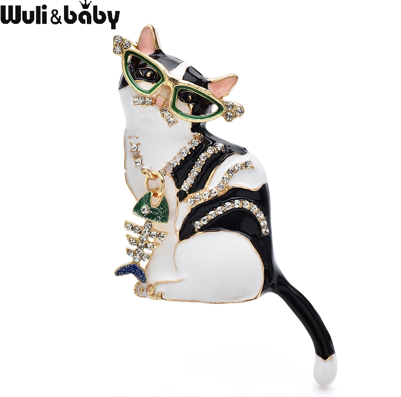 Baby Clothing Bag - Wuli&baby クールウェア フィッシュボーン 猫ブローチ 合金エナメル 可愛いペット動物ブローチピン
