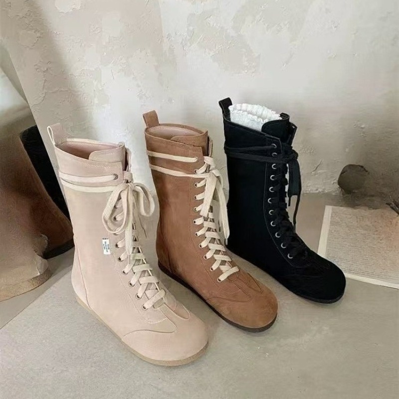 Soft Sole Booties - ファッションインサイド ハイヒールブーツ 秋の新作 ラウンドトゥ レースアップ スエード
