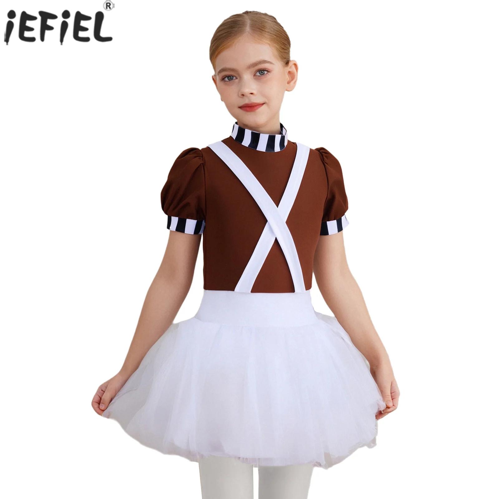 Baby Clothing Factory - 子供女の子チョコレート工場労働者ハロウィンコスチュームテーマパーティーコスプレドレスアップストライプ半袖バレエダンスチュチュレオタード