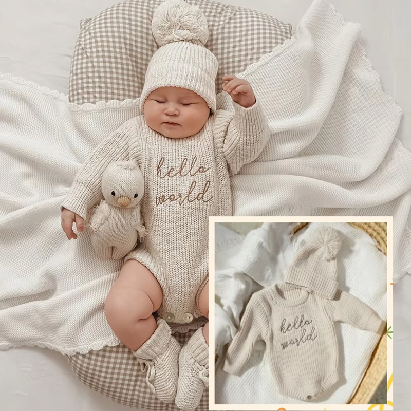 Baby Clothing For Boys - Ylsteed Hello World 編み物新生児写真ロンパース お揃いのポンプ帽子付き 赤ちゃん男の子女の子セーター衣装
