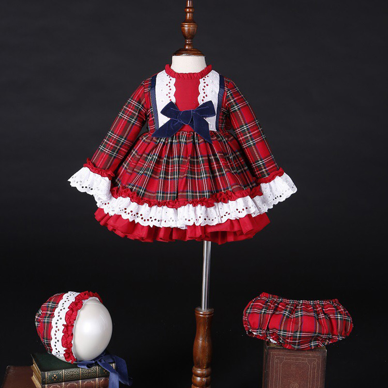 Baby Clothing On Sale - 女の赤ちゃん秋冬クリスマス赤チェック柄ヴィンテージスペインポンポンボールプリンセスドレス綿ロリータパーティー服帽子パンツ C5