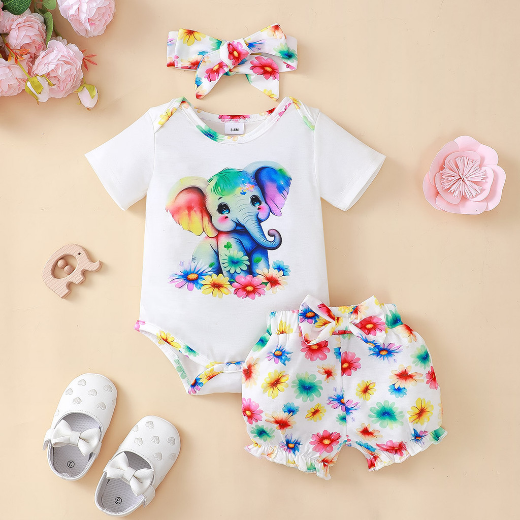 Baby Clothing Elephant - 新生児用半袖服セット,象のボディスーツ,フラワーショーツ,カジュアルな夏の服装,0〜24か月,3個