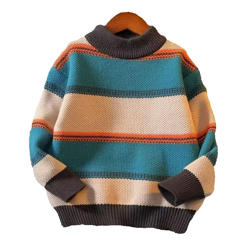 Baby Clothing Jumpers - 男の子ニットセーター新しい冬子供ストライプジャンパーキッズルーズファッションプルオーバーベビートップス服 2-12 年