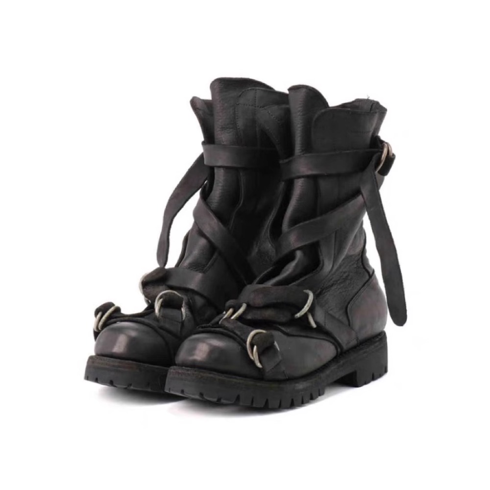 Soft Sole Booties - メンズレザーオートバイブーツパンクレトロ厚底ミッドカーフナイトブーツブラックソフトベルトバックルストラップハイトップモカシンシューズ