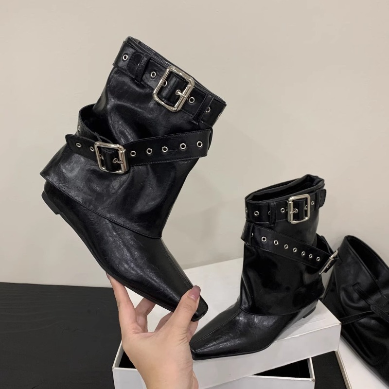 Soft Sole Booties - ベルトバックル付きスリーブローヒールブーツ 2025年ファッション ポインテッドトゥ リベット ソフトソール 滑り止め