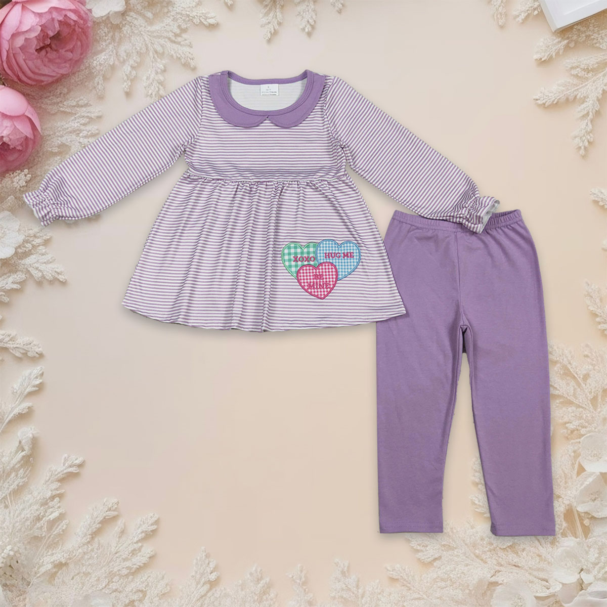 Xoxo Baby Clothing - 女の赤ちゃん長袖刺繍 XOXO ハートチュニックバレンタインキッズセット幼児レギンスパンツ服衣装子供服