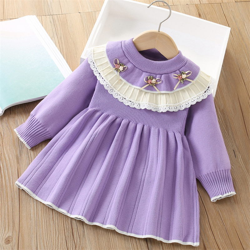 女の赤ちゃんニットドレス子供秋花セーターガウン子供冬暖かい  - Baby Clothing Jumpers のレビューと価格