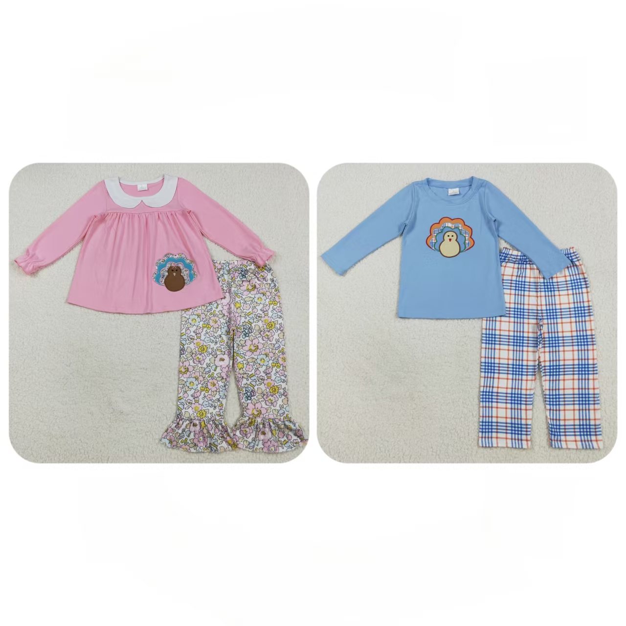 卸売少年少女秋長袖刺繍七面鳥トップス子供チェック柄パンツセッ - Baby Clothing Wholesale のレビューと価格