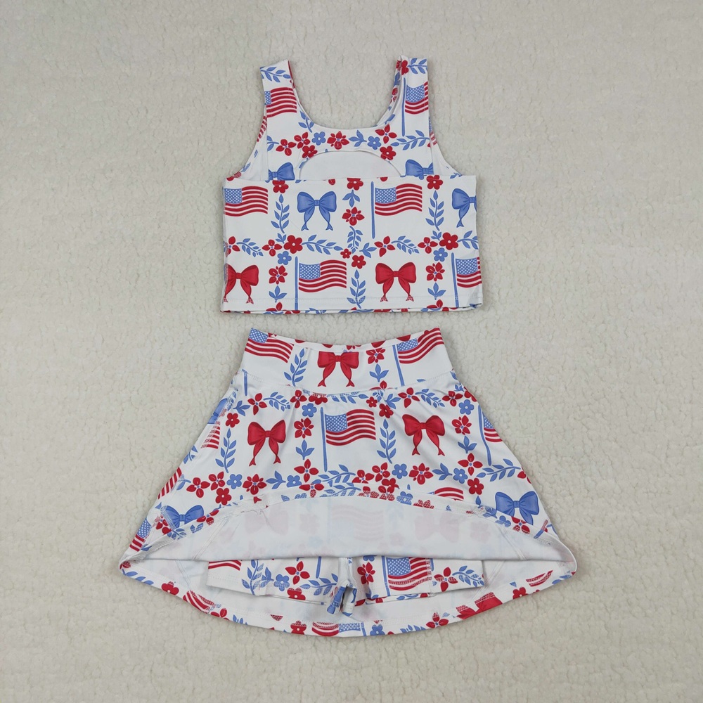 卸売幼児用旗柄ボウシャツスカートショーツキッズスコートセット - Baby Clothing Wholesale のレビューと価格