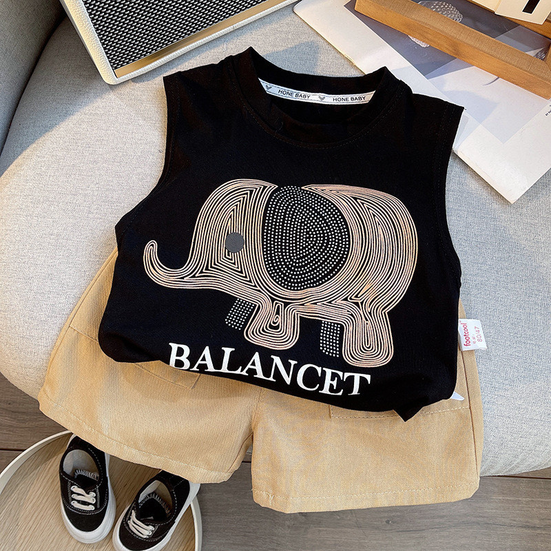 新しい夏のスーツ赤ちゃん漫画象子供ノースリーブトップ + シ - Baby Clothing Elephant のレビューと価格