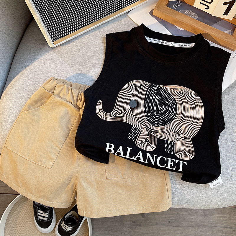 新しい夏のスーツ赤ちゃん漫画象子供ノースリーブトップ + シ - Baby Clothing Elephant のレビューと価格